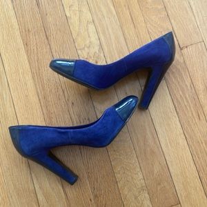 4” heel, blue suede with patent cap toes and heels